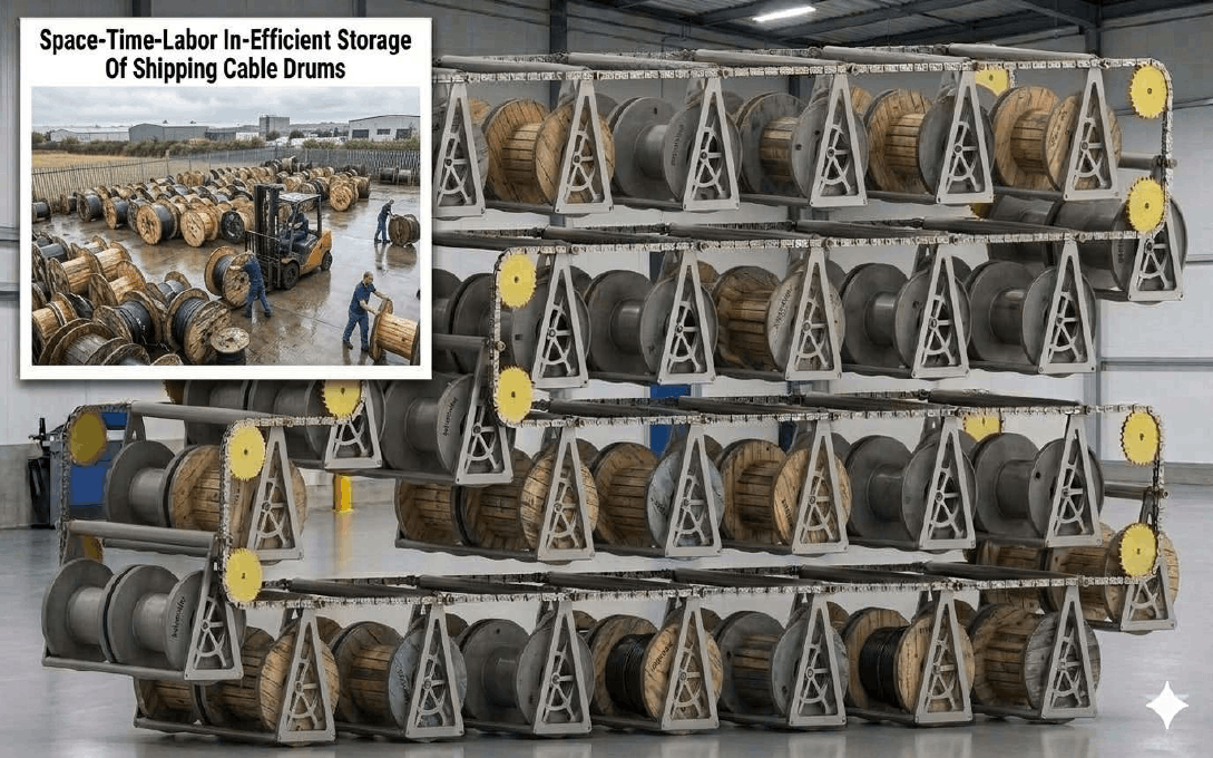 Vertical Carousels For Space-Time-Labor-Damage Efficient Vertical Storage Of Shipping Cable Drums In Insulated Power-Telecom-Optic Fiber Cables-Wires Manufacturing Plants